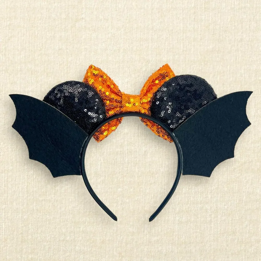 Orange & Black Sequin Bat Minnie Ears | Disney-Inspired Halloween Mouse Ears